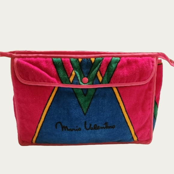 Vintage Mario Valentino Terry Cloth Pink and Blue Women's Cosmetic Bag, EUC - Picture 1 of 8